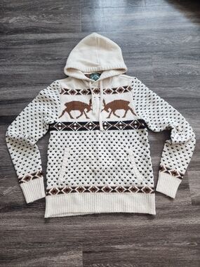 American Eagle Unisex Cream and Brown Reindeer Knit Hoodie Sweater W/ Pocket